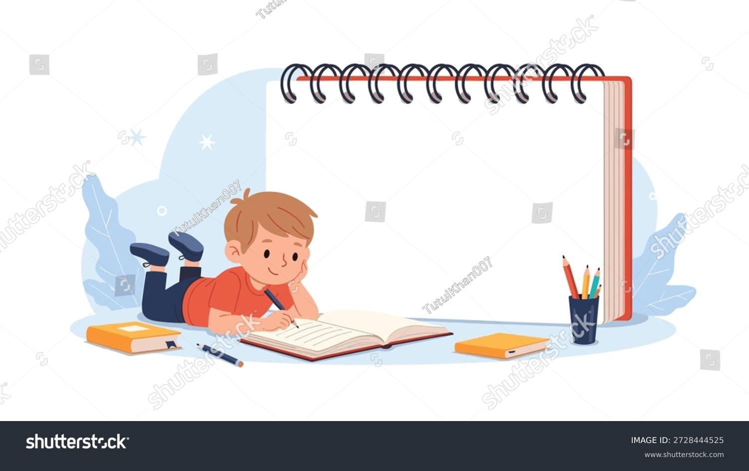 Nesta imagem, vemos um menino deitado a tentar escrever o que lhe vai a mente. Ele está rodeado de agenda, caderno, canetas.